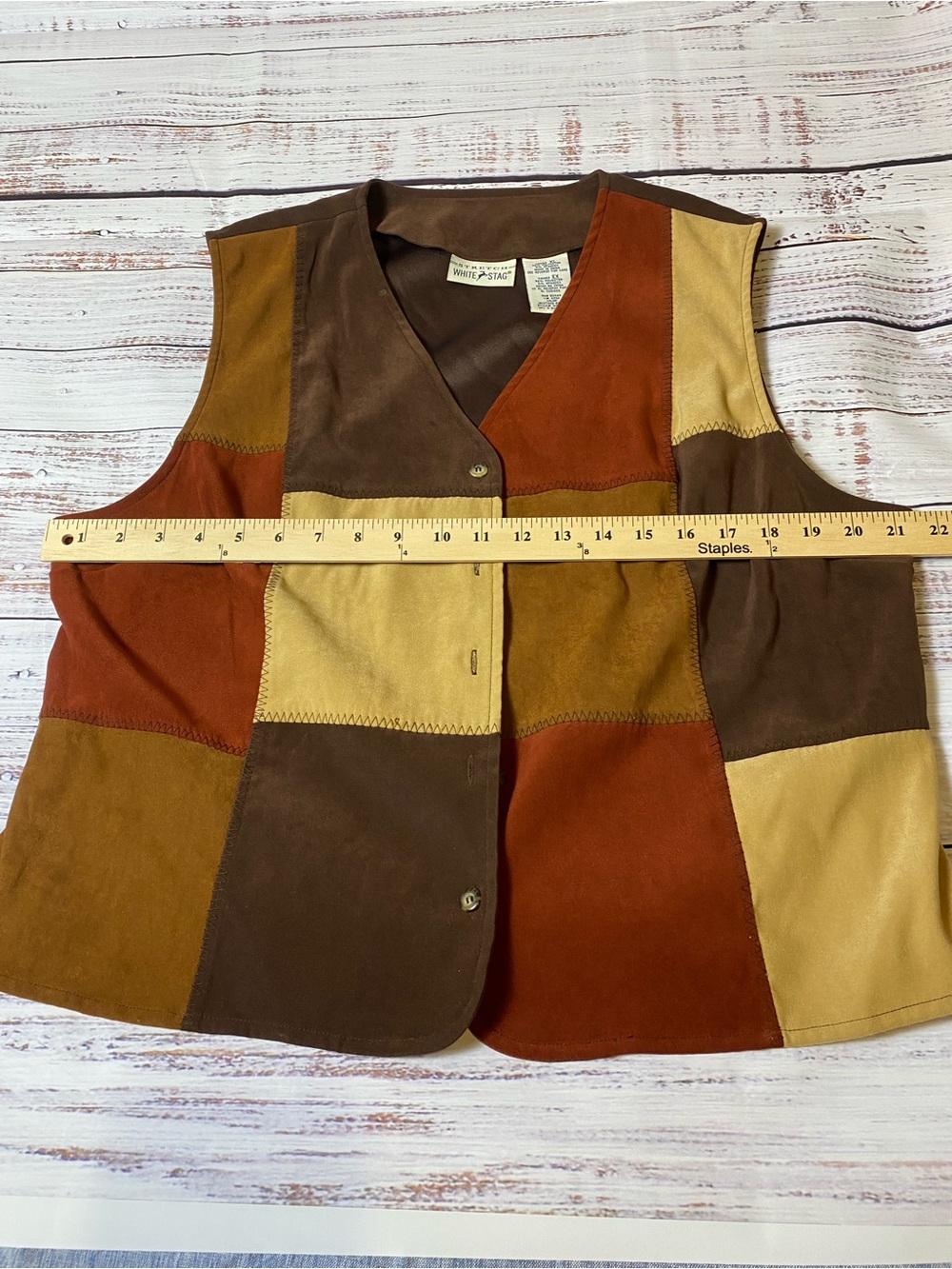 Vintage Y2K White Stag Patchwork Suede Leather Vest in Brown, Rust & Tan - Picture 5 of 5
